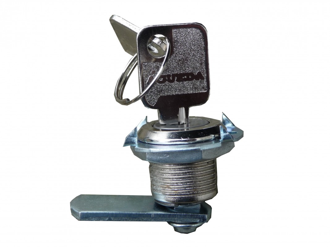 Key and lock for cabinet with hinged doors