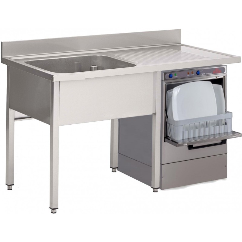 Sink on legs without under shelf, with 1 basin, 1 draining board and space for a dishwasher