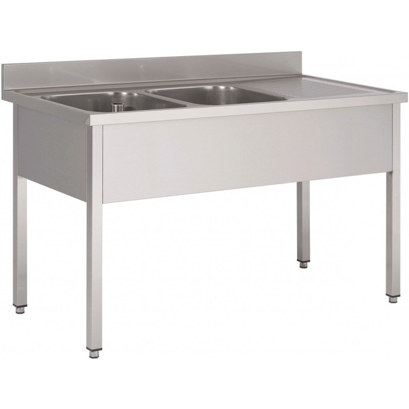 Sink on legs without under shelf, with 2 basins and 1 draining board
