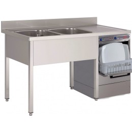 Sink on legs without under shelf, with 2 basins, 1 draining board and space for a dishwasher