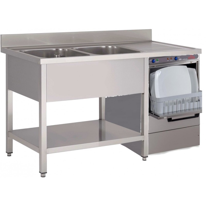 Sink on legs with under shelf, 2 basins, 1 draining board and space for a dishwasher