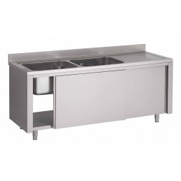 Sink on cabinet, with 2 basins and 1 draining board