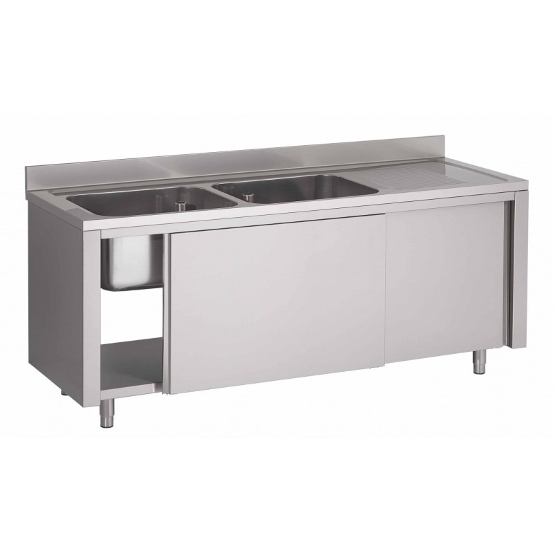 Sink on cabinet, with 2 basins and 1 draining board