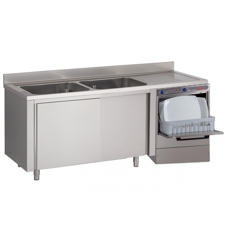 Sink on cabinet, with 2 basins, 1 draining board and room for dishwasher