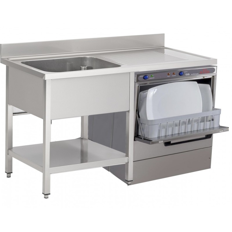 Sink on legs with under shelf, 1 basin, 1 draining board and space for a dishwasher