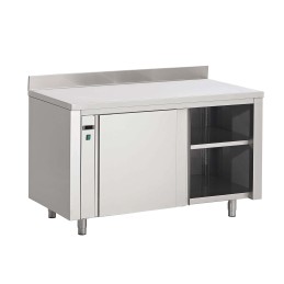 Heated cupboard with backsplash and sliding doors