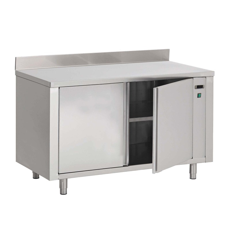 Heated cupboard with backsplash and hinged doors