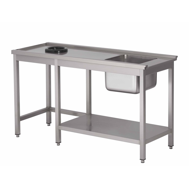 Dishwasher table with tub, waste disposal hole and under shelf