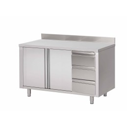 Cupboard with backsplash, hinged doors and 3 drawer unit