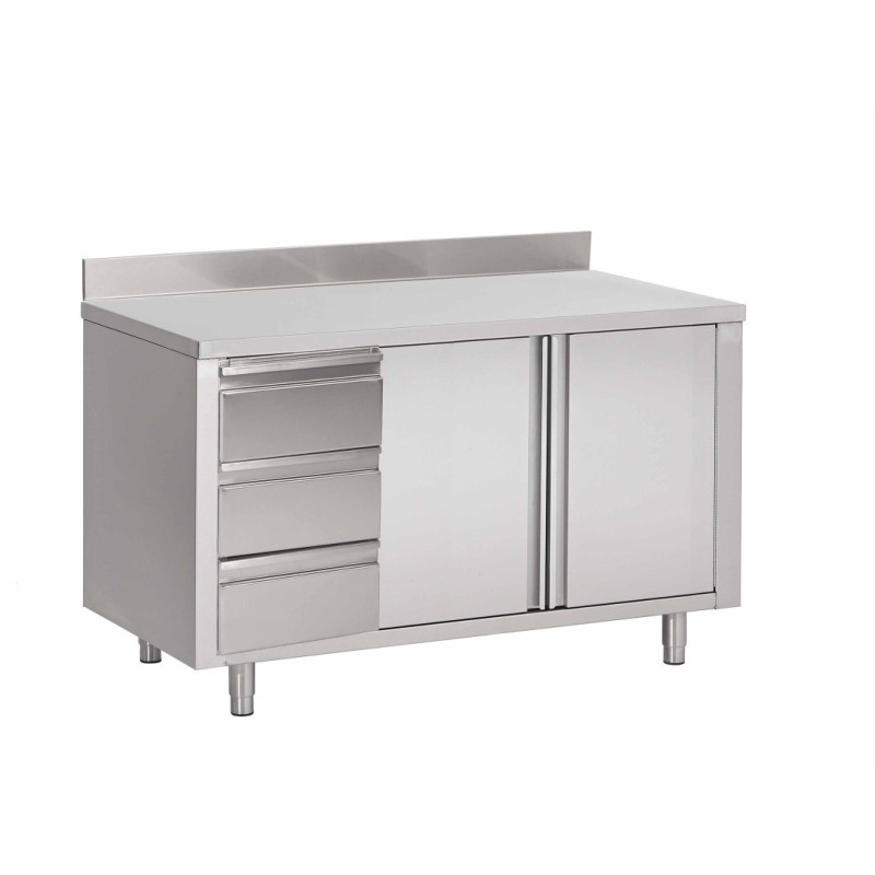 Cupboard with backsplash, hinged doors and 3 drawer unit