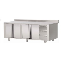 Cupboard with backsplash, hinged doors and 3 drawer unit