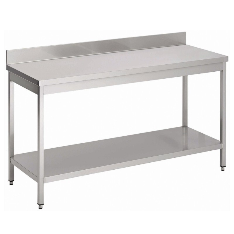 Inox tafel met achterboord en 1 onderblad (aanpasbaar)