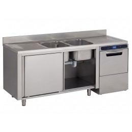 Inox spoeltafel op kast, met spoelbak(ken), afdruiprek(en) en ruimte voor vaatwasser (aanpasbaar)