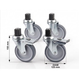 Set van 4 PVC-wielen, waarvan 2 met remmen (⌀125 mm)