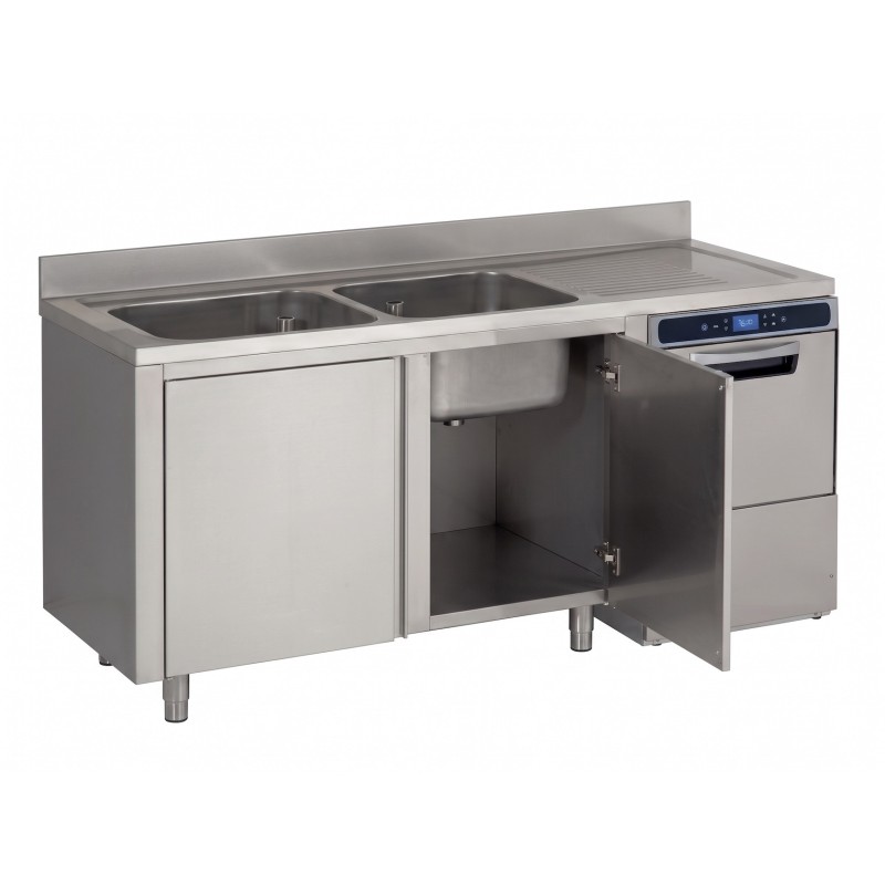 Plonge sur armoire, avec 2 bacs, un égouttoir, et espace lave-vaisselle en inox
