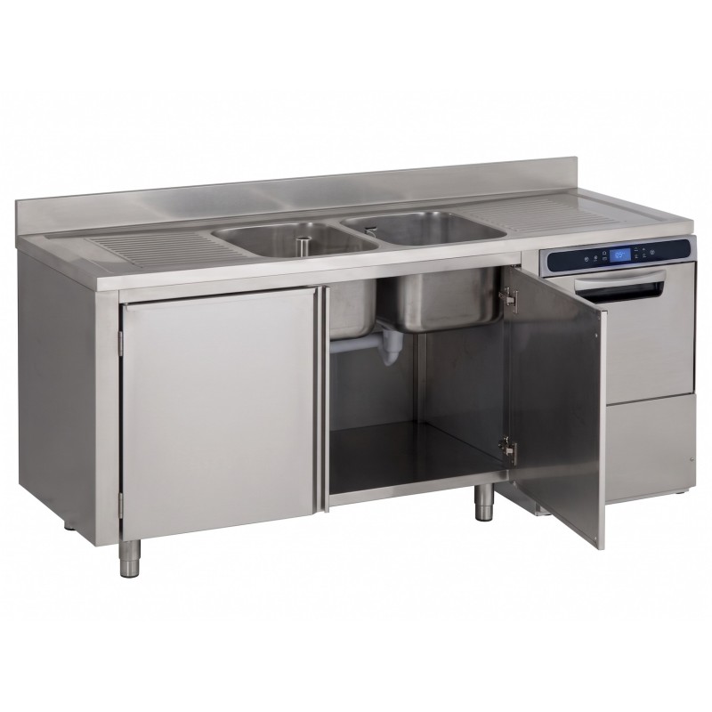 Sink on cabinet, with 2 basins, 2 drainboards and room for dishwasher
