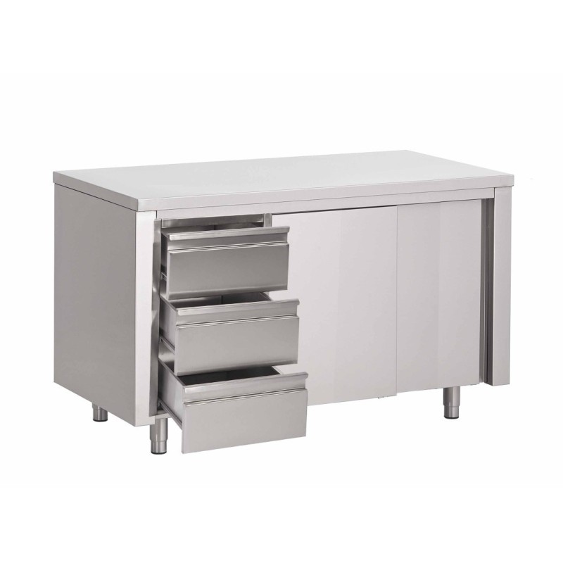 Armoire Inox basse centrale à portes coulissantes et bloc 3 tiroirs (personnalisée)