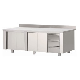 Armoire inox basse adossée à portes coulissantes et bloc 3 tiroirs (personnalisée)
