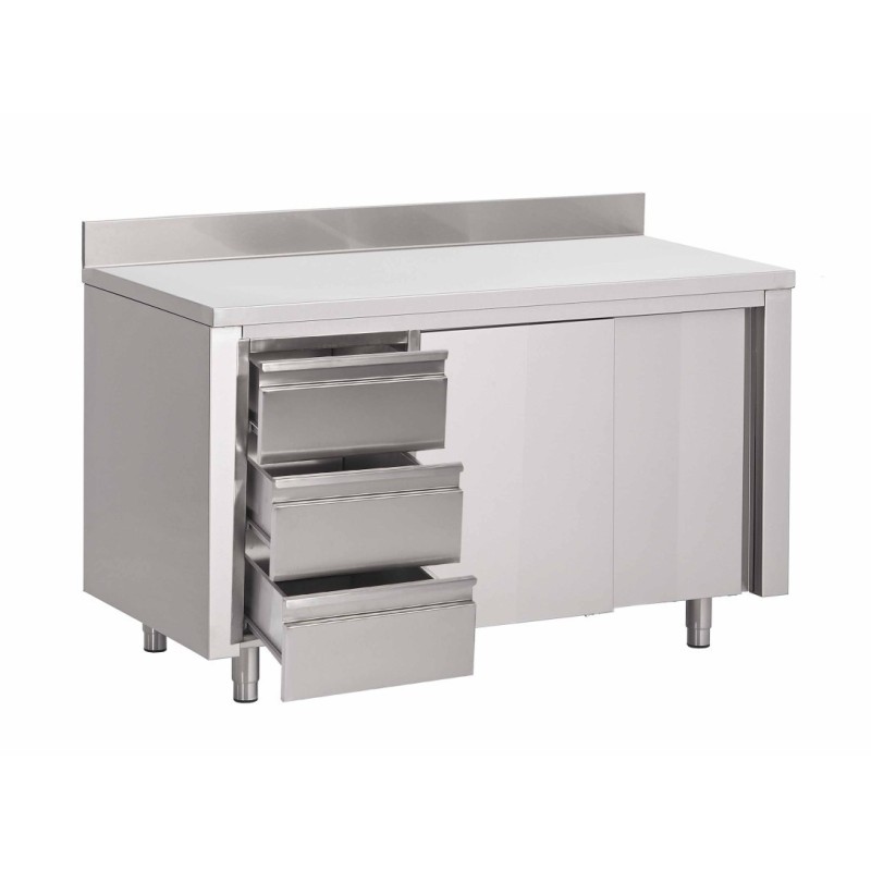 Armoire inox basse adossée à portes coulissantes et bloc 3 tiroirs (personnalisée)
