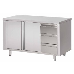 Armoire Inox basse centrale à portes battantes et bloc 3 tiroirs (personnalisée)