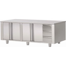 Armoire Inox basse centrale à portes battantes et bloc 3 tiroirs (personnalisée)